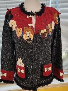 Vintage Design Options Large Red Gray Dog Show Cardigan Philip Jane Gordon Rare